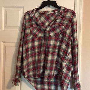Red white and blue thin plaid button up